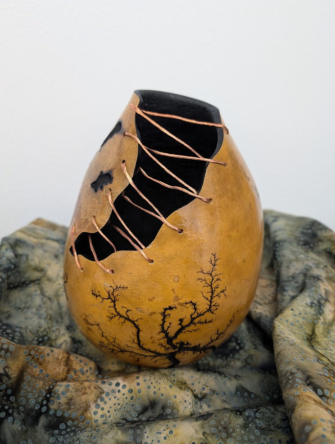 Natural Fractal Burned Gourd Wire Vase #1