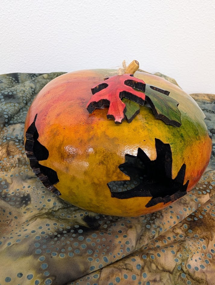 Gourd Luminary Hand Carved Fall Leaf #1