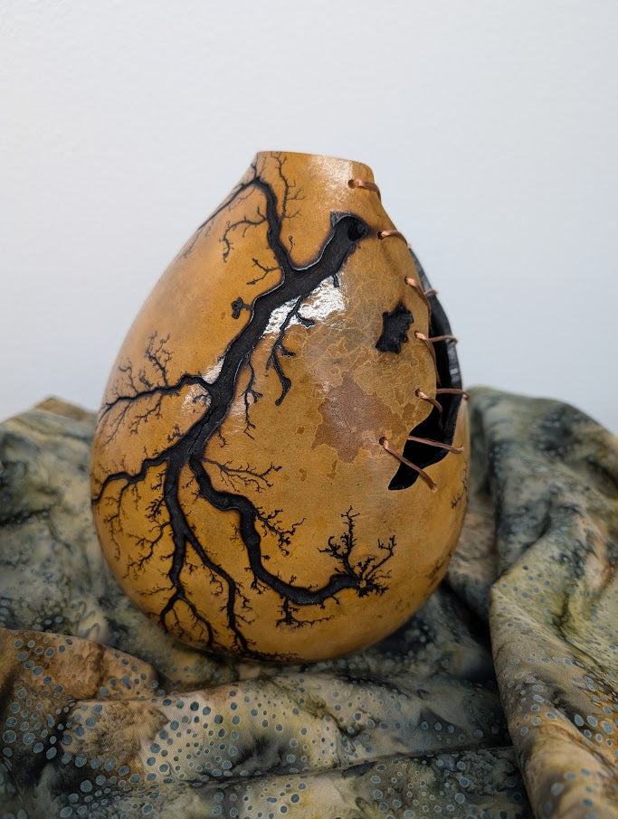 Natural Fractal Burned Gourd Wire Vase #1