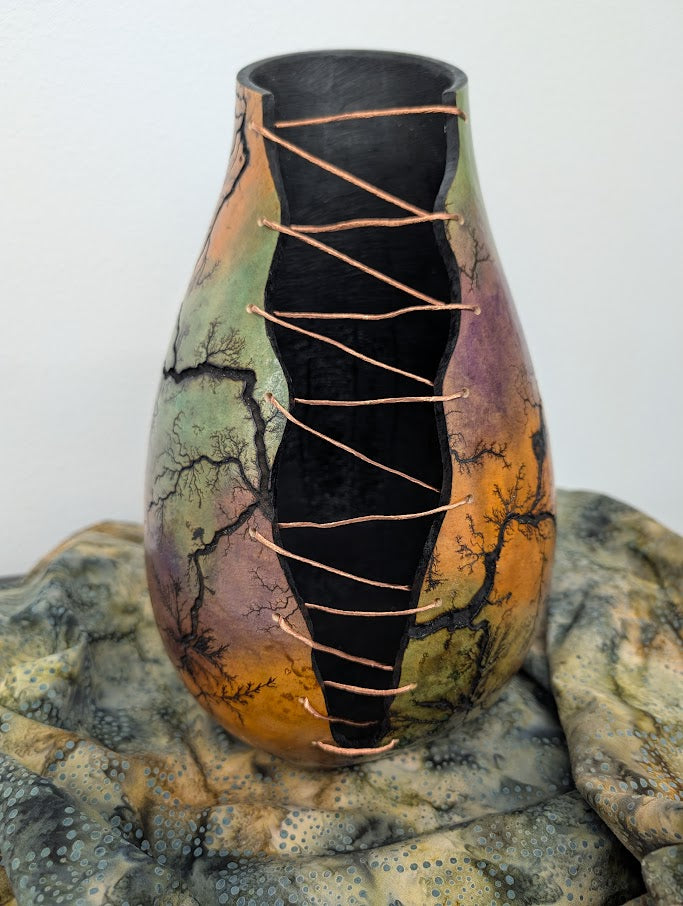 Multi-Color Fractal Burned Gourd Wire Vase #4