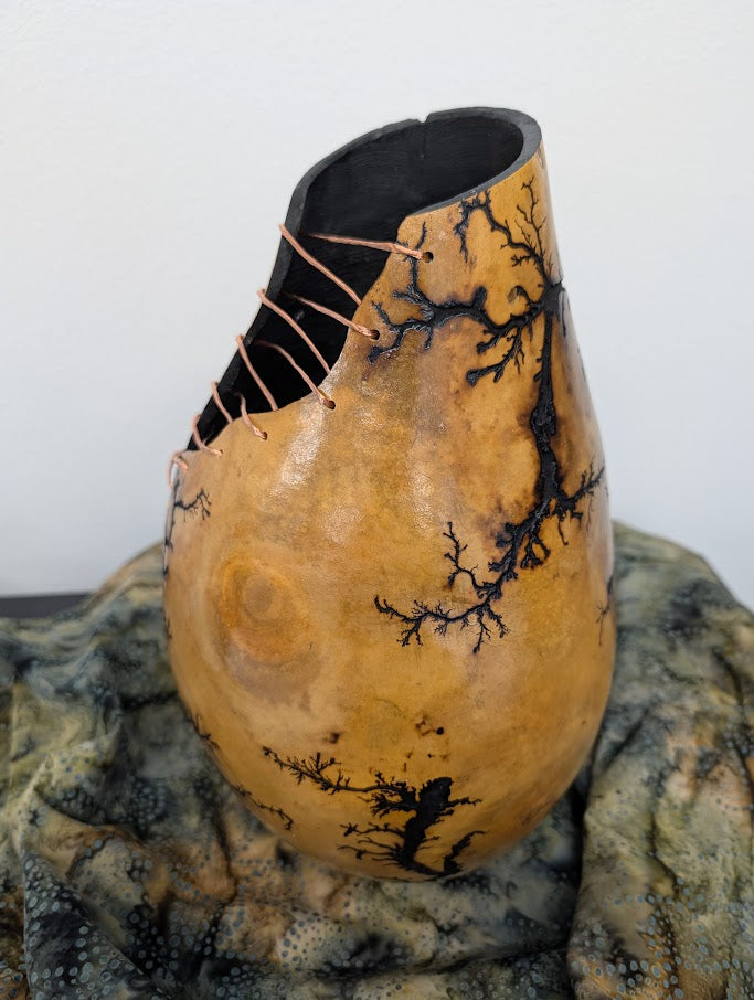 Natural Fractal Burned Gourd Wire Vase #5