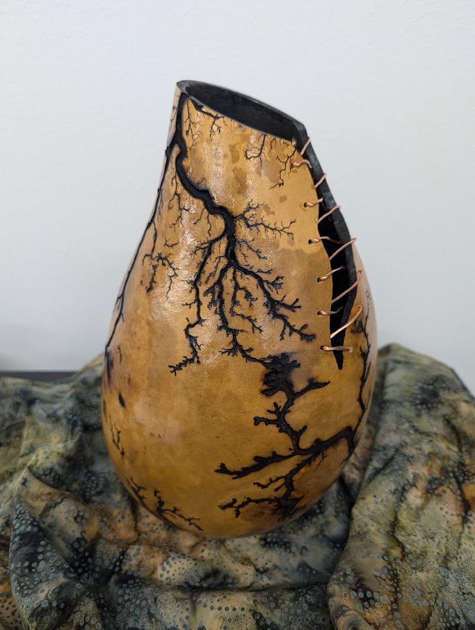 Natural Fractal Burned Gourd Wire Vase #5