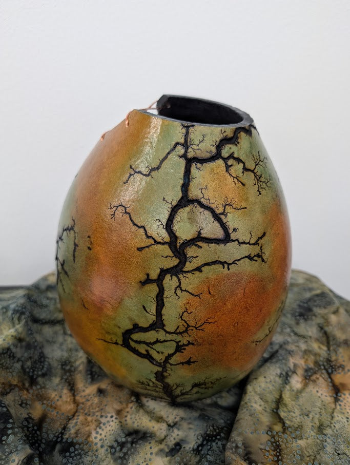 Turquoise and Brown Fractal Burned Gourd Wire Vase #6