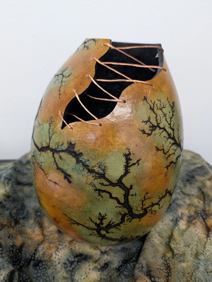 Turquoise and Brown Fractal Burned Gourd Wire Vase #6