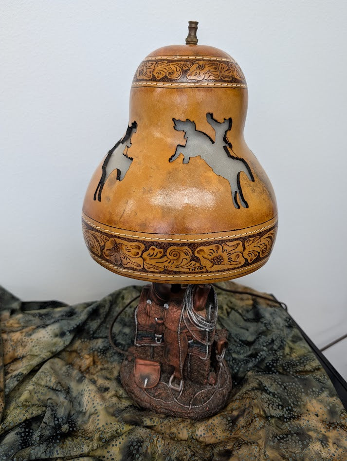 Gourd Lamp Hand Carved Buckin' Bronc