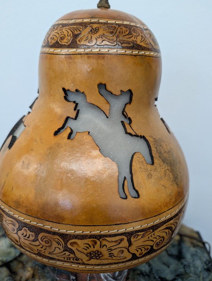 Gourd Lamp Hand Carved Buckin' Bronc