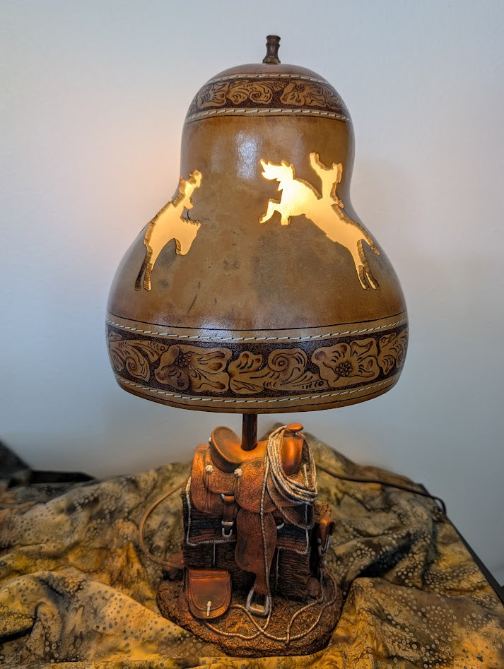 Gourd Lamp Hand Carved Buckin' Bronc