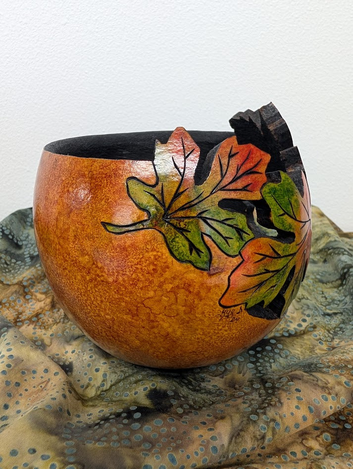 Gourd Bowl Hand Carved Cut out Fall Leaves #10