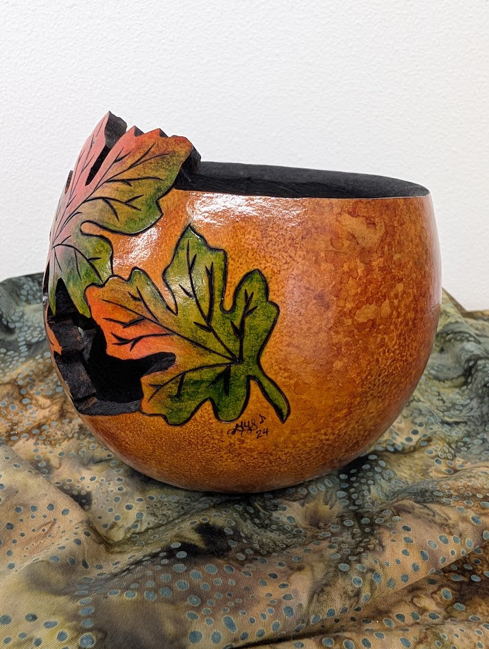Gourd Bowl Hand Carved Cut out Fall Leaves #10