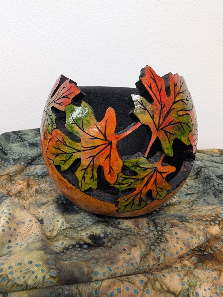 Gourd Bowl Hand Carved Cut out Fall Leaves #10