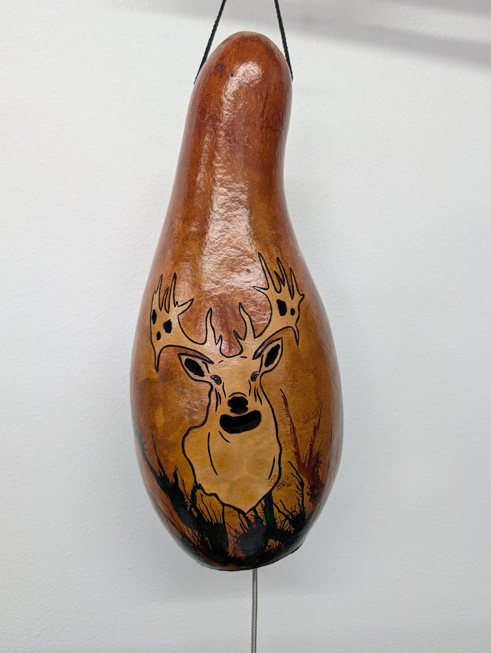 Hand Carved Deer in the Grass Thunder Gourd #6
