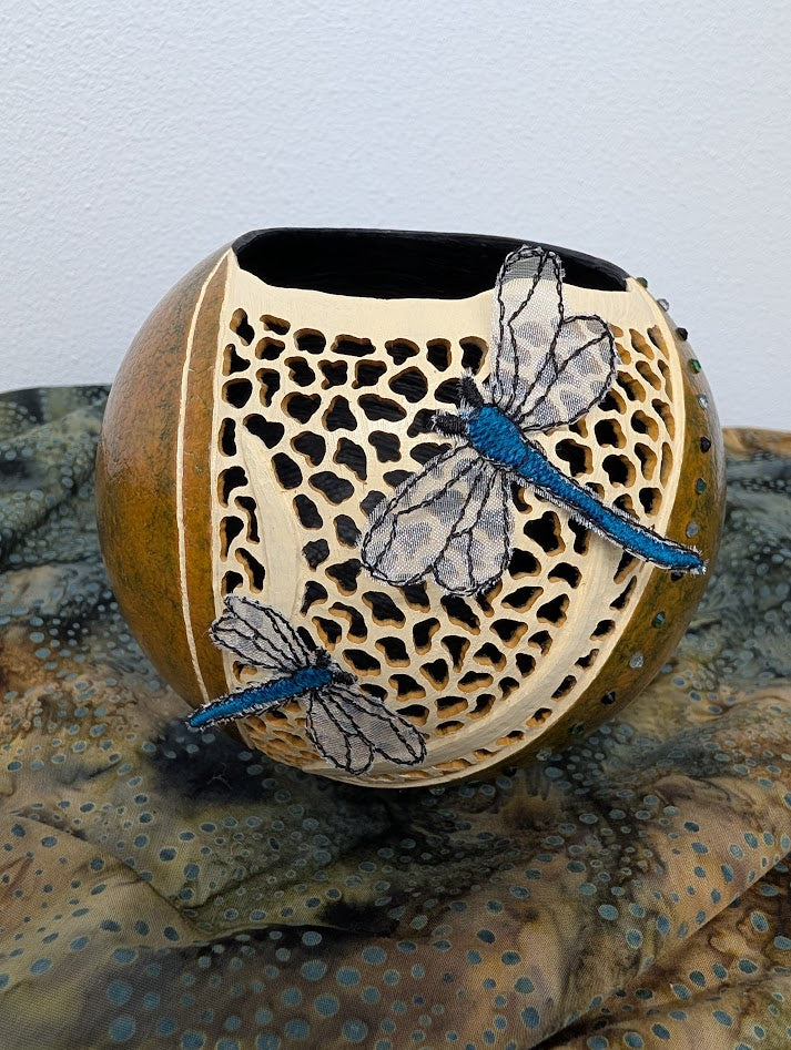 Gourd Bowl Hand Carved Dragonfly Filagree #7