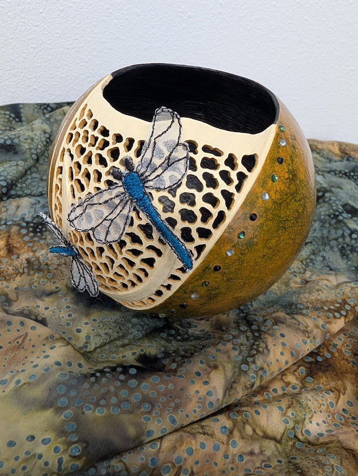 Gourd Bowl Hand Carved Dragonfly Filagree #7