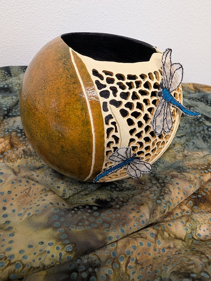 Gourd Bowl Hand Carved Dragonfly Filagree #7