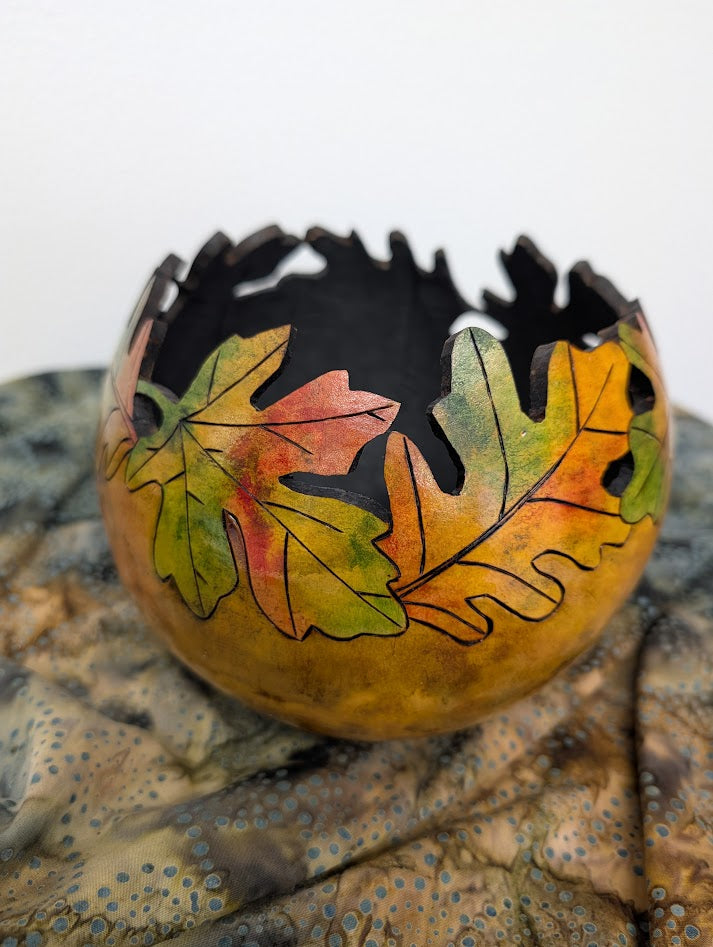 Gourd Bowl Hand Carved Fall Leaves #9