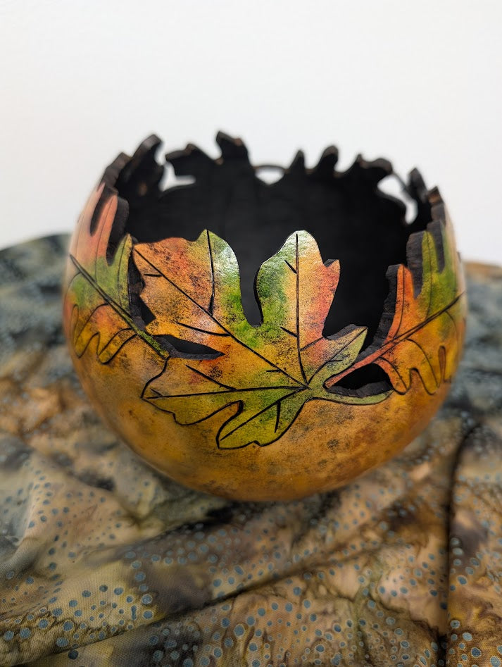 Gourd Bowl Hand Carved Fall Leaves #9