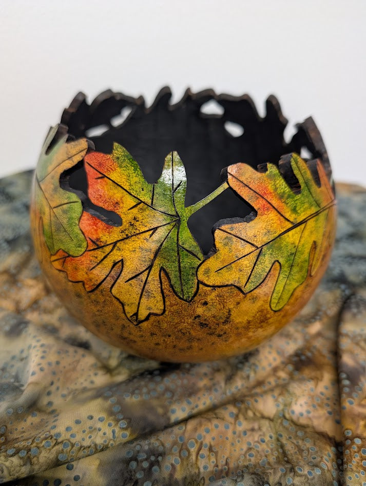 Gourd Bowl Hand Carved Fall Leaves #9