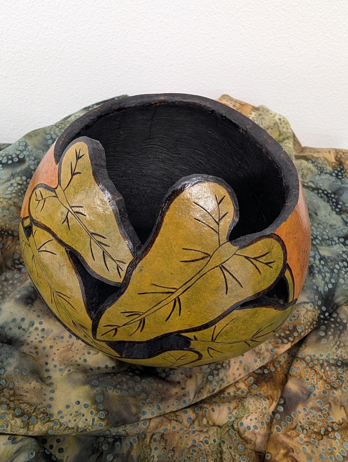 Gourd Bowl Hand Carved Green Leaf #5