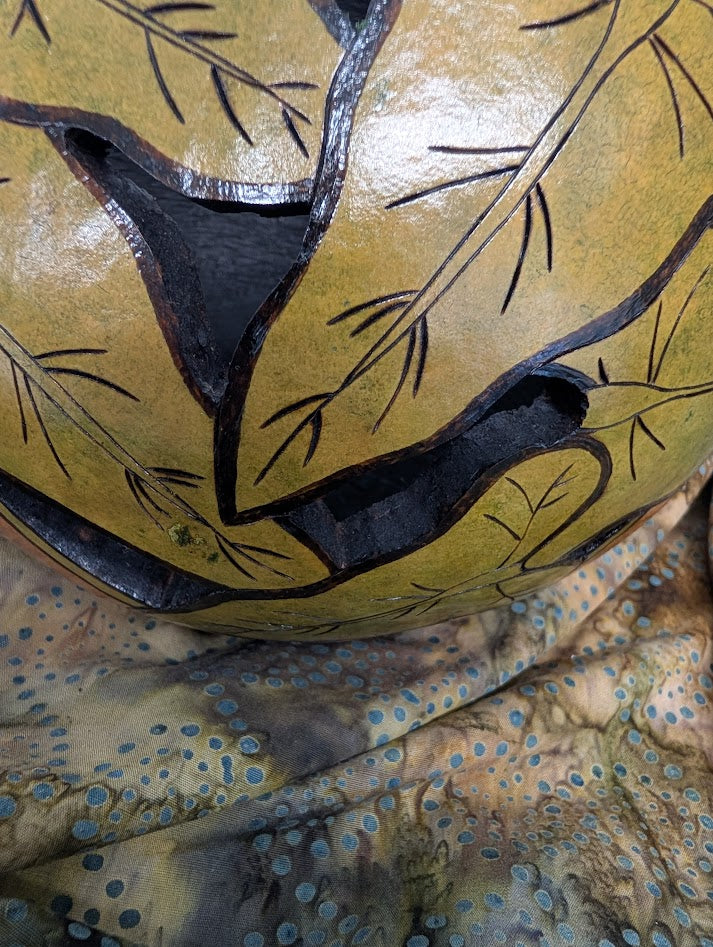 Gourd Bowl Hand Carved Green Leaf #5