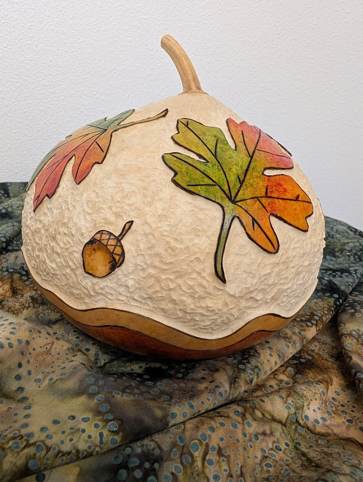 Gourd Bowl Hand Carved Maple Leaf with Acorns #8