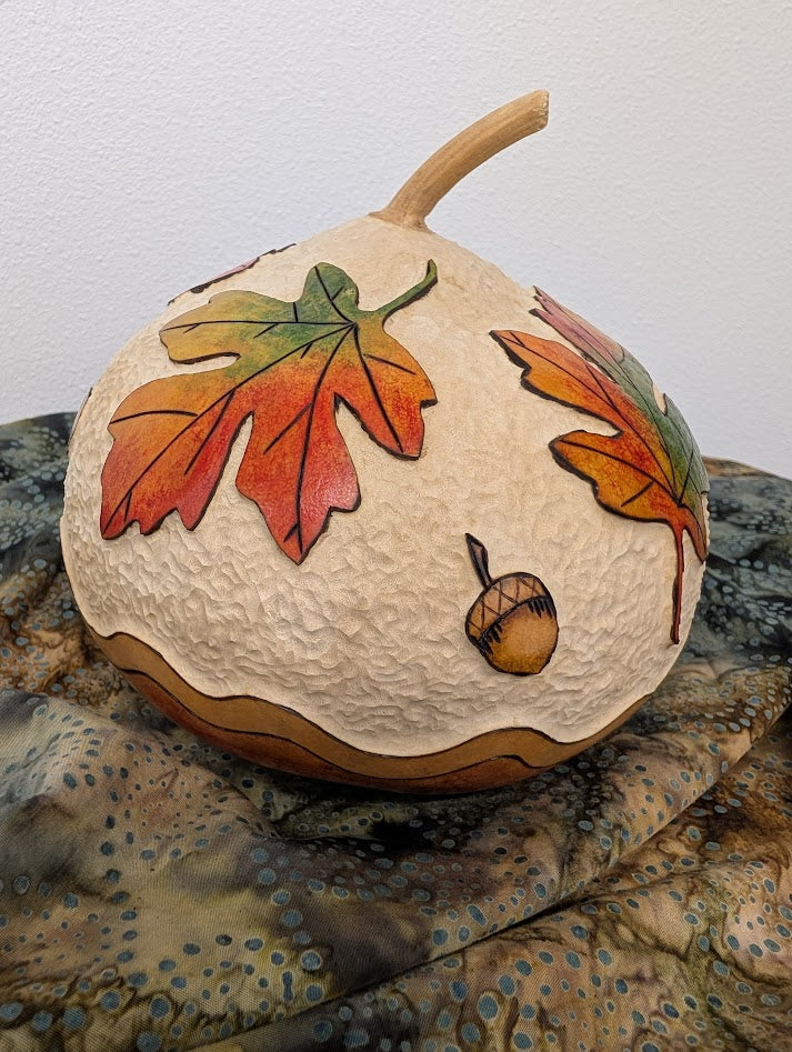 Gourd Bowl Hand Carved Maple Leaf with Acorns #8