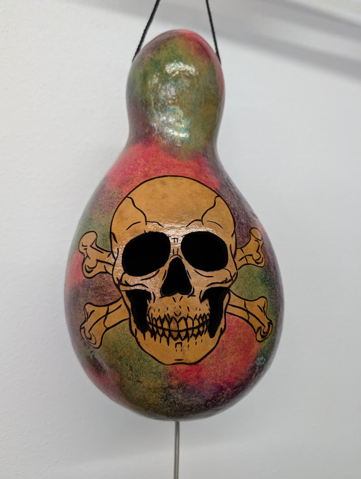Hand Carved Skull and Cross Bones Thunder Gourd #7