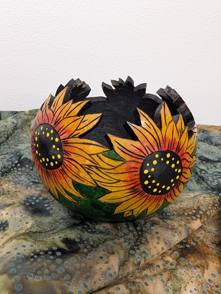 Gourd Bowl Hand Carved Sunflowers #11