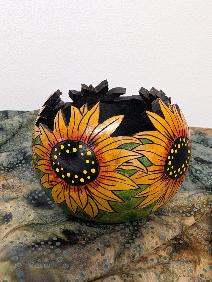 Gourd Bowl Hand Carved Sunflowers #11
