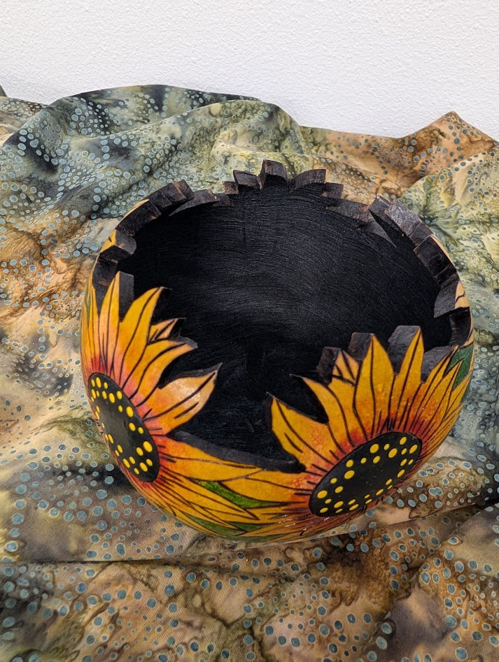 Gourd Bowl Hand Carved Sunflowers #11