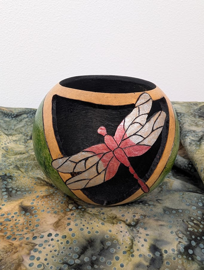 Hand Carved Pink Dragonfly Gourd Bowl #3